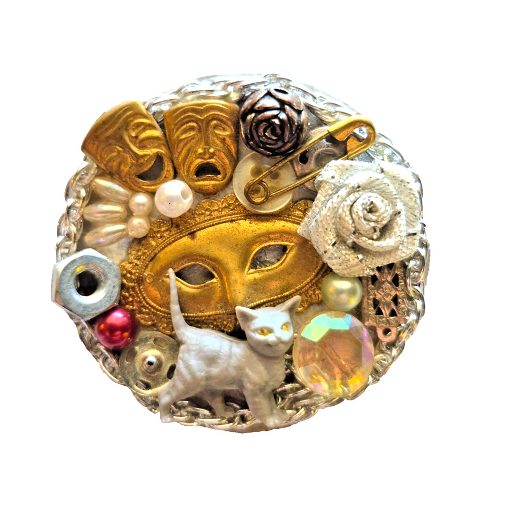 Handmade Assemblage Brooch Pin 3-D Theater Cat Art 2" Wide Multi Color Estate